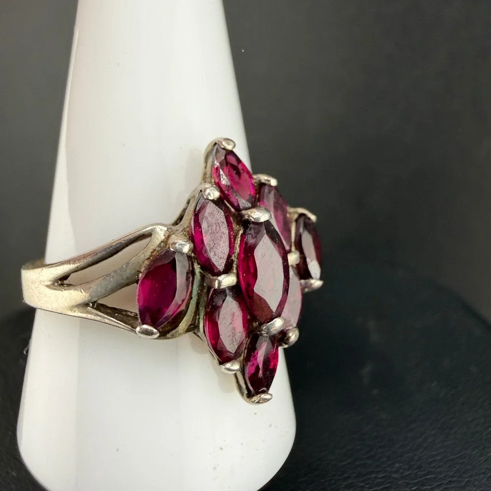 Vintage Avon Sterling Silver Ring Red Rhinestone Cluster Statement 925 Size 11